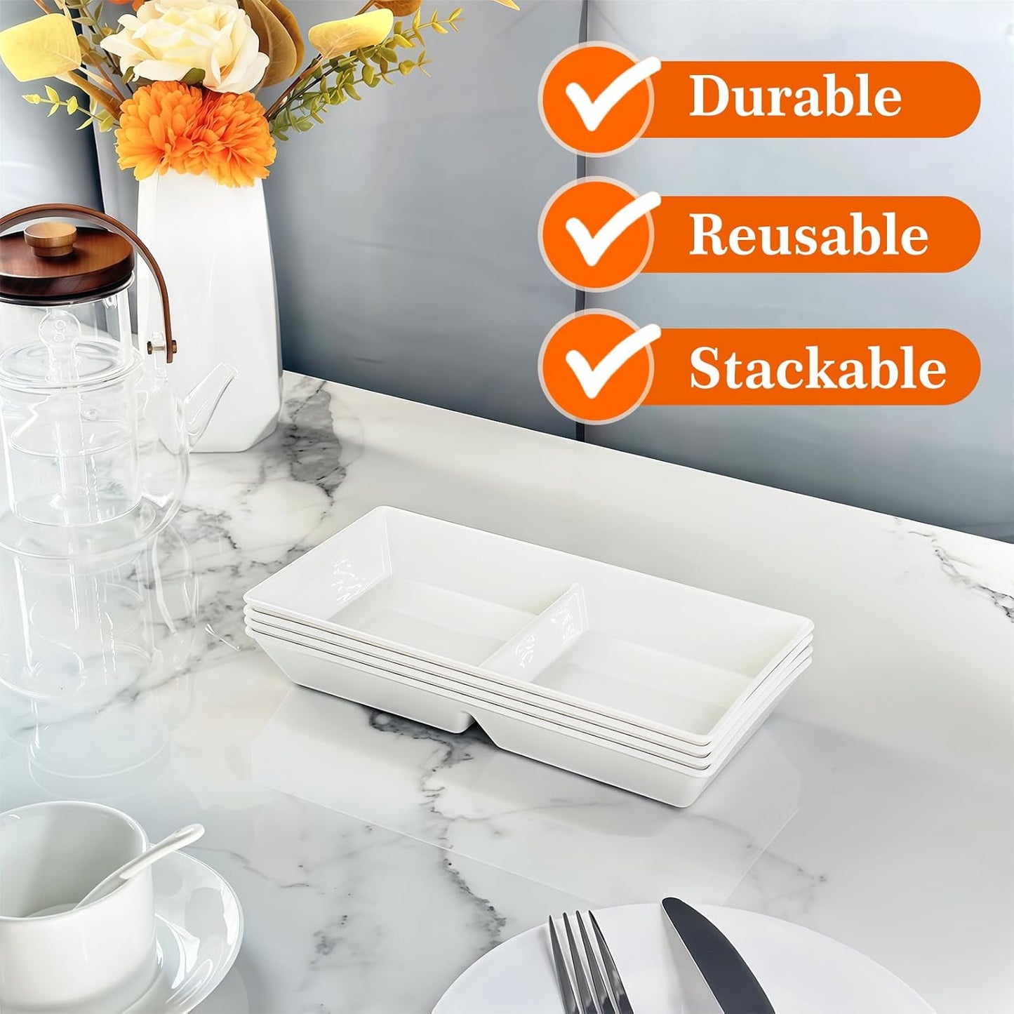 Divided Serving Tray Platter, 4 Pack 15" x 10" Fruit Veggie Food Tray for Party, Plastic Serving Trays for Appetizer, Snack, Dessert, Cookie, Brunch Decorations Platters, White Trays BPA-Free