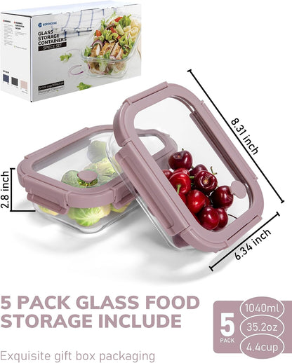 5-Pack Borosilicate Glass Containers with Tempered Lids, 35.2oz/4.4 Cup Airtight Meal Prep Set, Microwave/Freezer Safe (Gray)