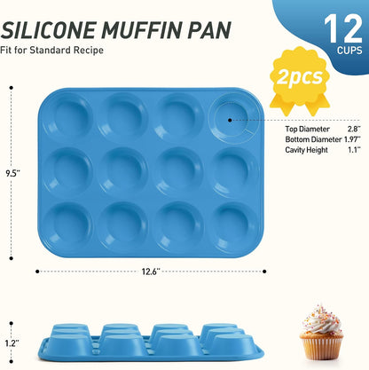 2 Pack 12 Cups Silicone Muffin Pan with Metal Reinforced Frame Regular Size Silicone Molds Cupcake Cake Baking Pans Cookie Baking Chocoflan Cupcake Mold Nonstick Muffin Tin Home Baking Supplies