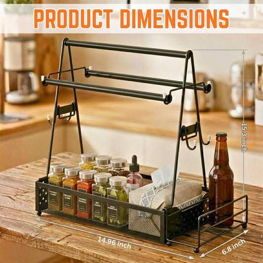 Grill caddy, BBQ Caddy Organizer with Paper Towel Holder, Black Metal Grill Accessory Rack, Kitchen Condiment Storage Basket with Utensil Holder