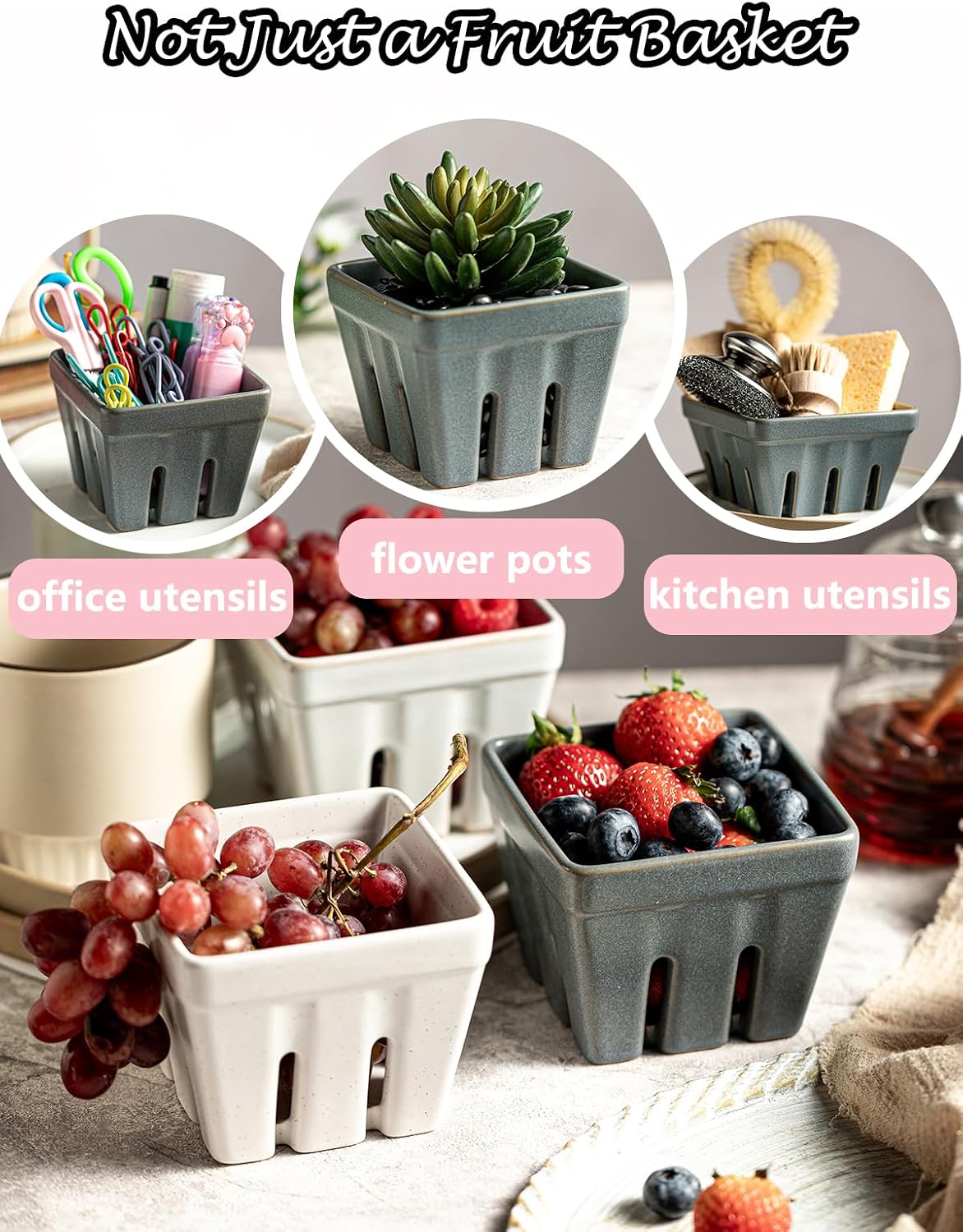Gomakren Berry Bowls with Holes Ceramic, Berry Washing Bowl Basket Set of 2, 5.8 Inch Round Fruit Bowl Storage Containers, Strawberry Baskets, Farmhouse Kitchen Decor, Yellow + Brown