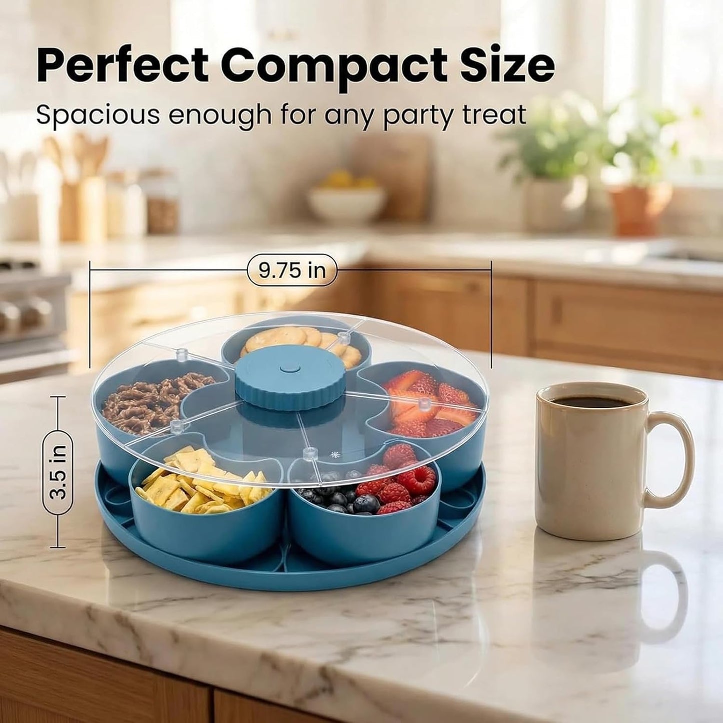 Divided Spin and Snack Serving Tray with Lid, Lazy Susan Rotating Sectional Platter for Parties, Movie Nights & RV, Multi-Compartment Charcuterie Board Organizer for Fruit, Nuts, Veggies & Dips (Gray)