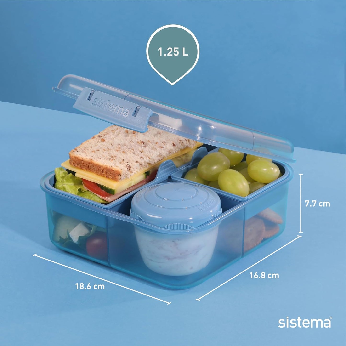 Sistema Bento Box Adult Lunch Box with 3 Compartments, 2 Removable Trays, and Salad Dressing Container, Dishwasher Safe, Color May Vary, 42 oz./1.25L Size (Pack of 4)