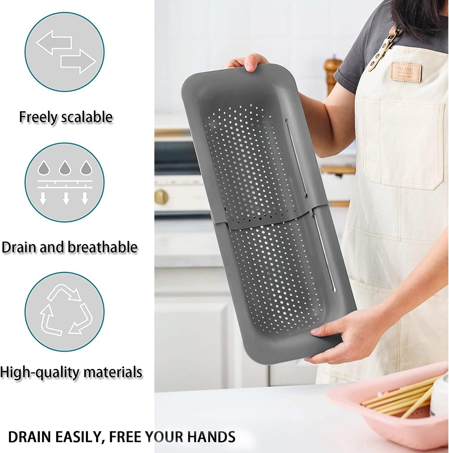 KesaPlan Collapsible Sink Colanders and Strainers Basket Over the Colander Extendable Plastic Fruit Vegetable Strainer Drainer for Kitchen(Length 14.3-19.4 inch)(Gray Set of 2)
