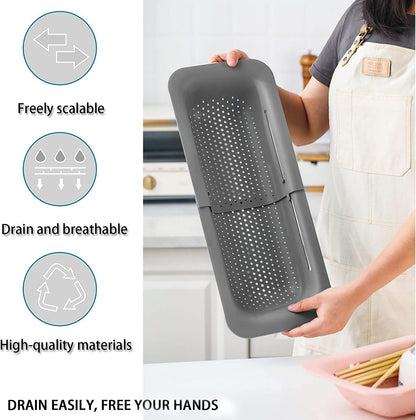 KesaPlan Collapsible Sink Colanders and Strainers Basket Over the Colander Extendable Plastic Fruit Vegetable Strainer Drainer for Kitchen(Length 14.3-19.4 inch)(Gray Set of 2)