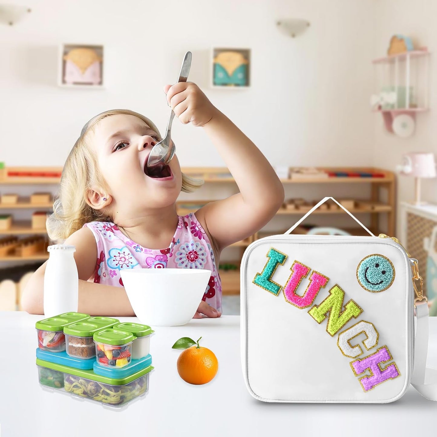Insulated Lunch Bag With Adjustable Shoulder Strap, Nylon Preppy Lunch Box Large Insulated Lunch Bag Reusable Lunch Tote Bag with Smiley Preppy LunchBag for Girls School Travel Picnic (Green)