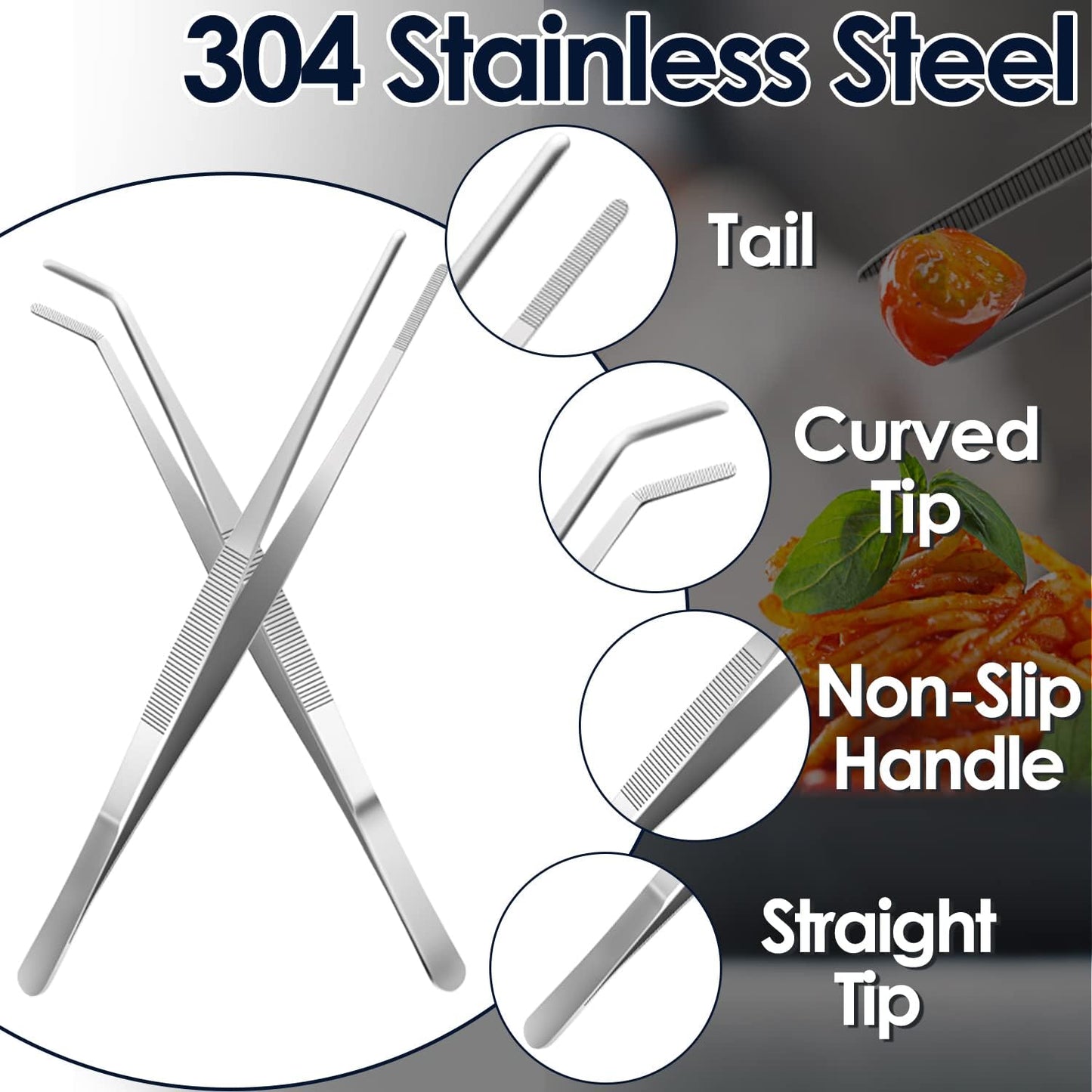 Gutsdoor Kitchen Tweezers Set Stainless Steel Tongs Tweezers Set of 2 with Precision Serrated Tips for Cooking (8 Inch Set)