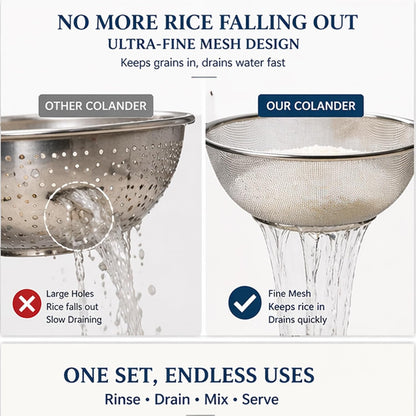 304 Stainless Steel Colander Set, 1.5QT Colander with Bowl, 30-Mesh Micro Perforated Strainer for Rice, Quinoa, Pasta, Fruits & Vegetables,2 pack