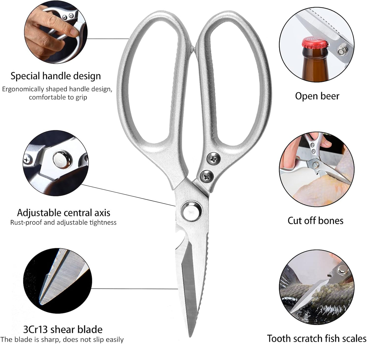 Stainless Steel Kitchen Shears Heavy Duty Full-Steel Forged Metal Scissors for Food, Professional Chef Shears Bone Cutting Meat Pizza Scissors Kitchen Utensils Come Apart, Silver