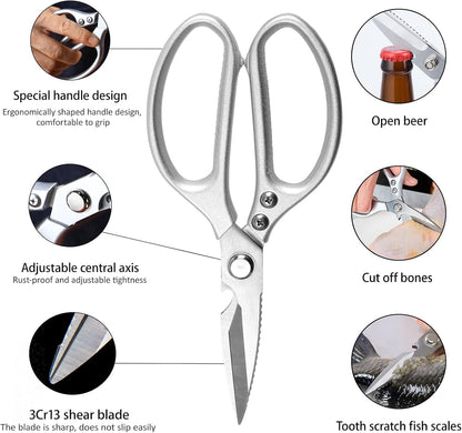 Stainless Steel Kitchen Shears Heavy Duty Full-Steel Forged Metal Scissors for Food, Professional Chef Shears Bone Cutting Meat Pizza Scissors Kitchen Utensils Come Apart, Silver