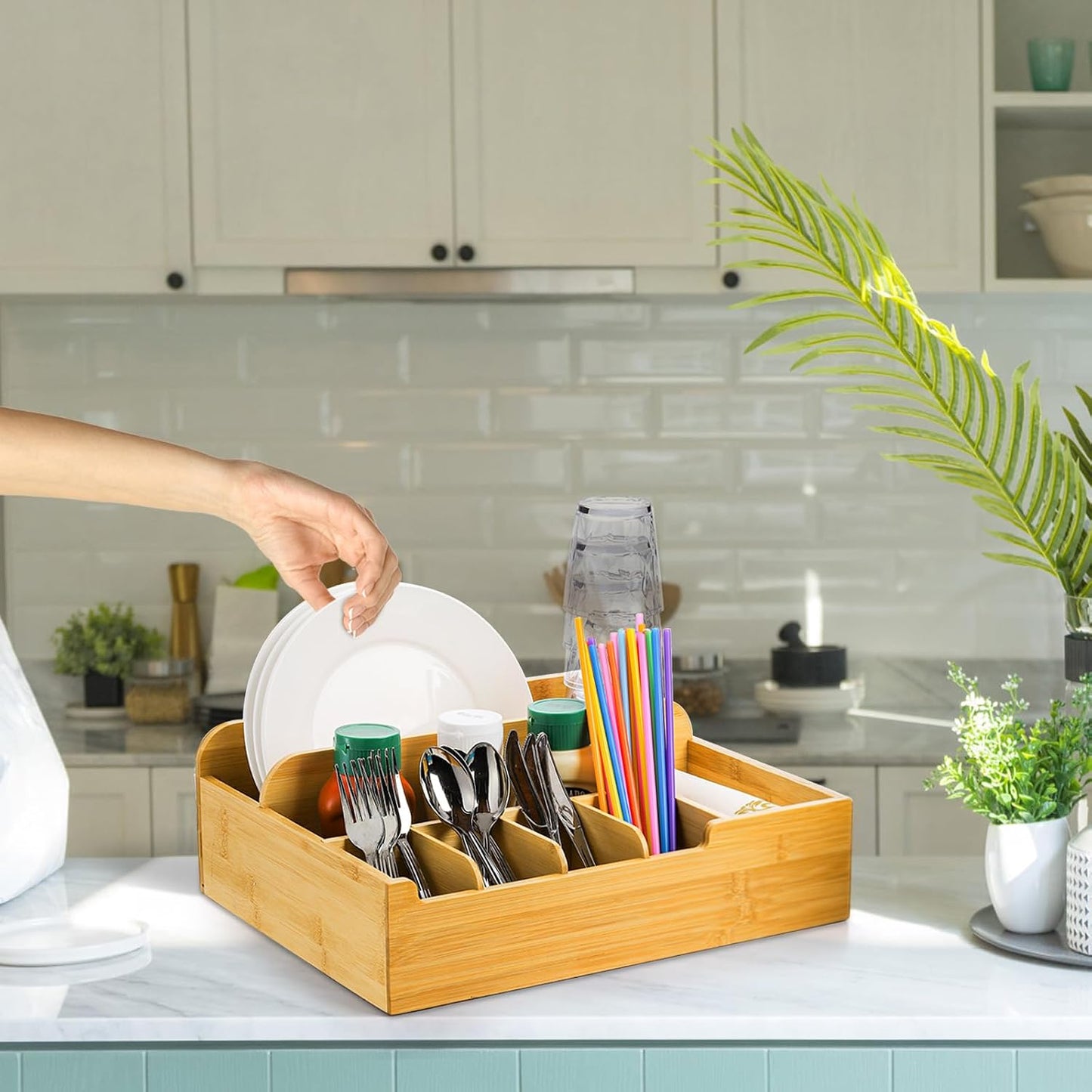 Frcctre Bamboo Utensil Caddy Organizer, 8 Compartments Large Paper Plate Holder, Adjustable Utensil Holder Silverware Cutlery Organizer for Plate Cup Fork Spoon Napkin, 16" L x 13" W x 5.5" H