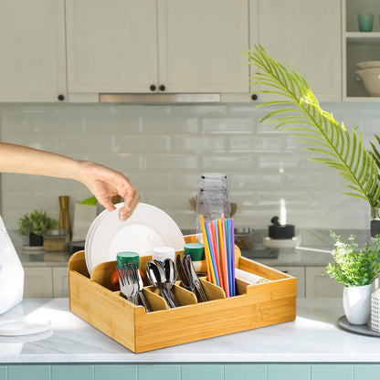 Frcctre Bamboo Utensil Caddy Organizer, 8 Compartments Large Paper Plate Holder, Adjustable Utensil Holder Silverware Cutlery Organizer for Plate Cup Fork Spoon Napkin, 16" L x 13" W x 5.5" H