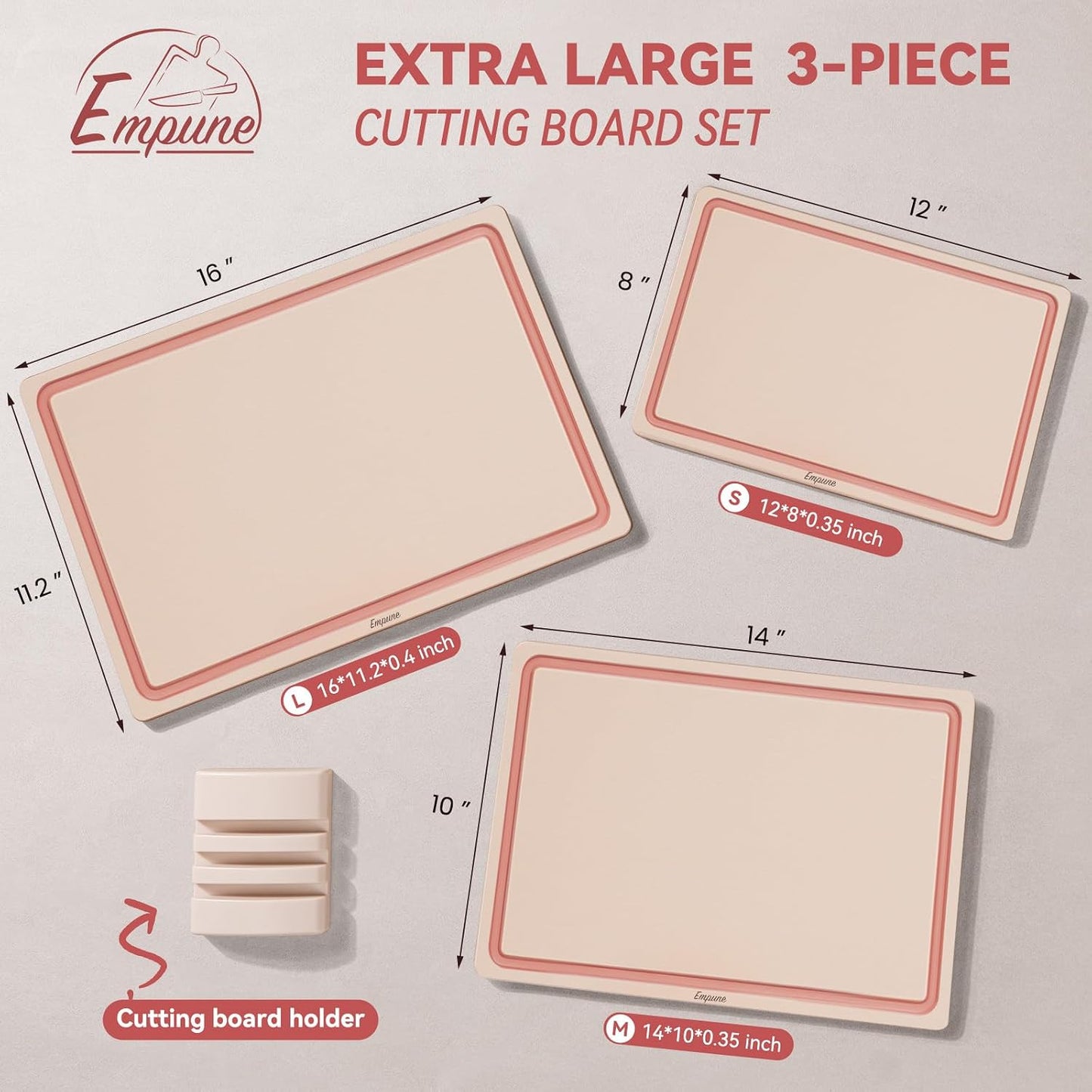 Empune Plastic Cutting Board Set, Recycled Plastic Cutting Boards for Kitchen (Set of 3), Dishwasher Safe Large Chopping Board with Holder, Non-slip Feet and Juice Grooves, Nonporous, Grey