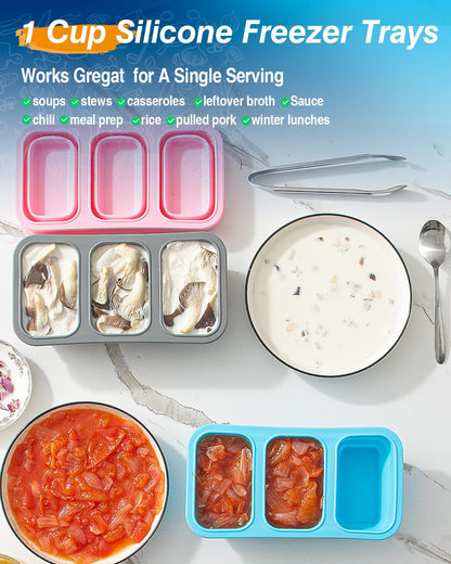 Silicone Freezer Trays With Lid, Stackable 1 Cup Silicone Freezer Molds, Easy To Use Soup Ice Cube Tray, Collapsible Freezing Molds for Meal Prep, Broth, Sauce, Leftovers, Soup Storage Gift Set