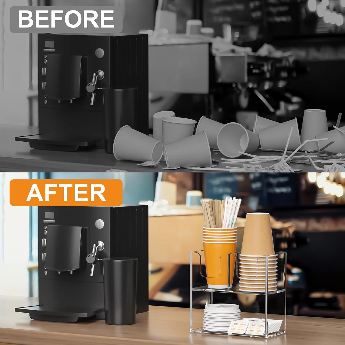 Beego 2-Compartment Cup Holder for Countertop - 2-Tier Clear Acrylic Cup Dispenser Coffee Station Paper Cup and Lid Organizer Condiment Storage for Restaurant Breakroom Kitchen Bar Accessories