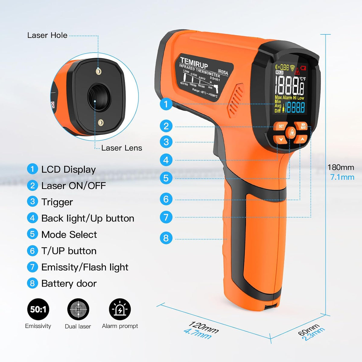 Infrared Thermometer Gun, Non Contact Digital Laser Thermometer Temperature Gun with Color LCD for Cooking, Home Repairs, Humidity Measurement, Adjustable Emissivity -58°F to 1472°F(-50~800°C)