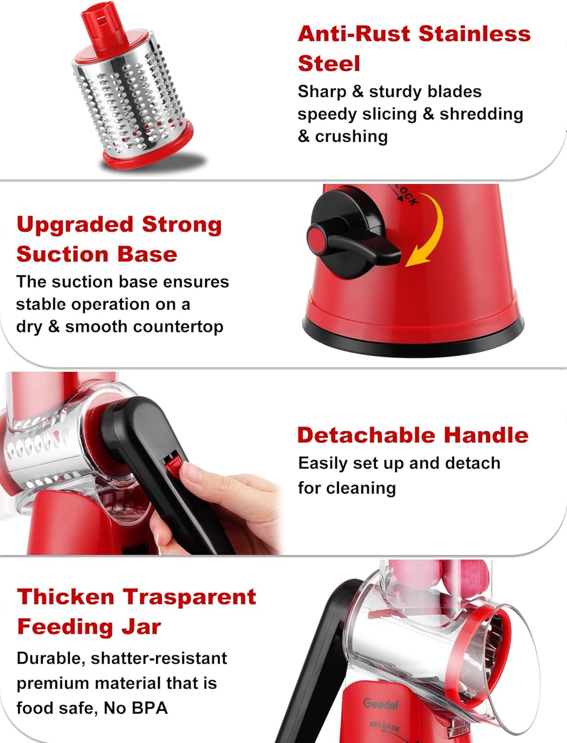 Geedel Rotary Cheese Grater, Kitchen Mandoline Vegetable Slicer with 3 Interchangeable Blades, Easy to Clean Rotary Grater Slicer for Cheese, Vegetables, Nuts