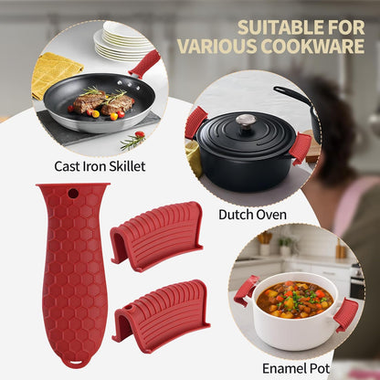 Cast Iron Skillet Handle Covers - 3 Pack Assist Pan Handle Sleeve Pot Holders, Heat Resistant Pot Handle Covers, Non-Slip Silicone Cast Iron Handle Grip for Cast Iron Skillet Metal Pan (Red)