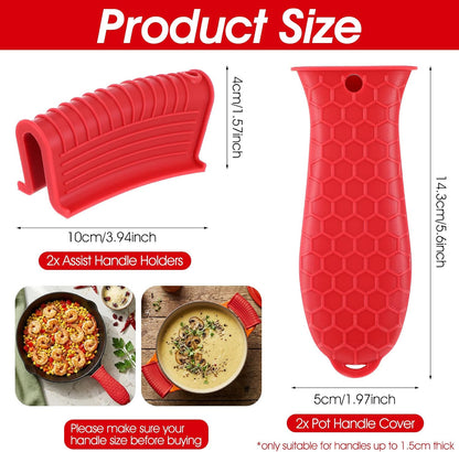 Grevosea 4 Pack Cast Iron Skillet Handle Covers, Pot Handle Holders Heat Resistant Non-Slip Cast Iron Silicone Handle Grip Pan Handle Sleeve for Frying Pans Kitchen Supplies (Red)