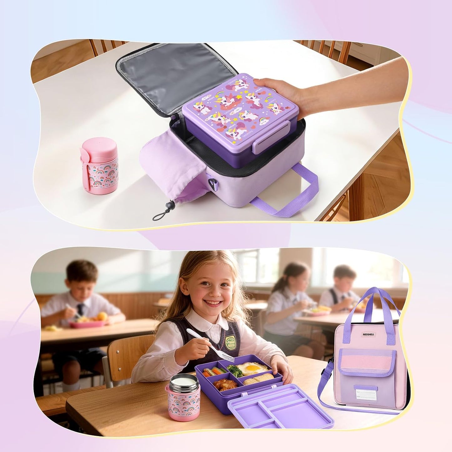 REDSHELL Bento Lunch Box for Kids Set, Leakproof Food Jar Pail with Insulated Bag, Toddler Snack Container Lunchbag for Girls Daycare, Back to School Lunchbox Kit, Includes Bottle Holder Strap, Pink