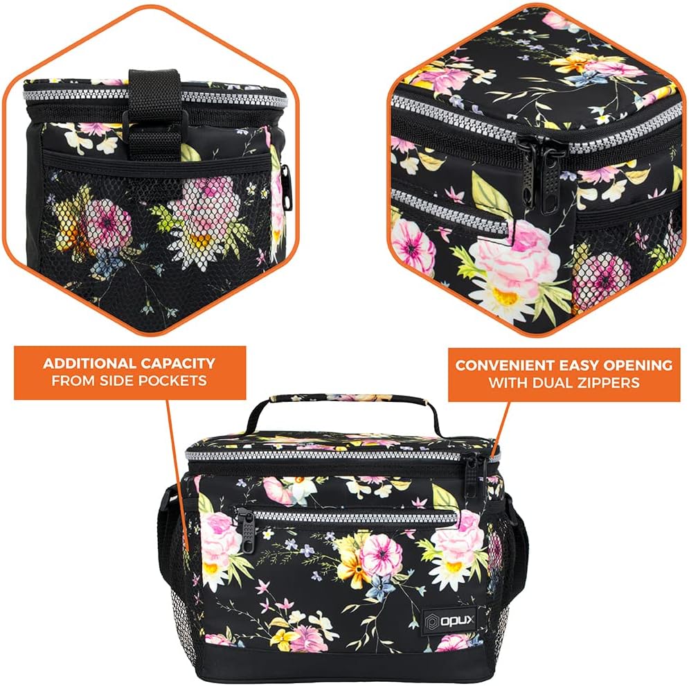 opux Insulated Lunch Box Men Women, Lunch Bag for Work School, Leakproof Soft Cooler Tote Adult, Large Lunch Pail Kids Boys Girls, Picnic Beach Food Bag with Shoulder Strap, Purple Floral