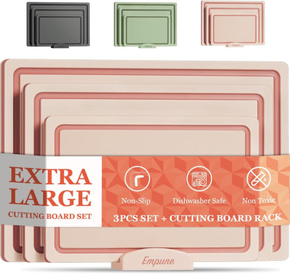 Empune Plastic Cutting Board Set, Recycled Plastic Cutting Boards for Kitchen (Set of 3), Dishwasher Safe Large Chopping Board with Holder, Non-slip Feet and Juice Grooves, Nonporous, Grey