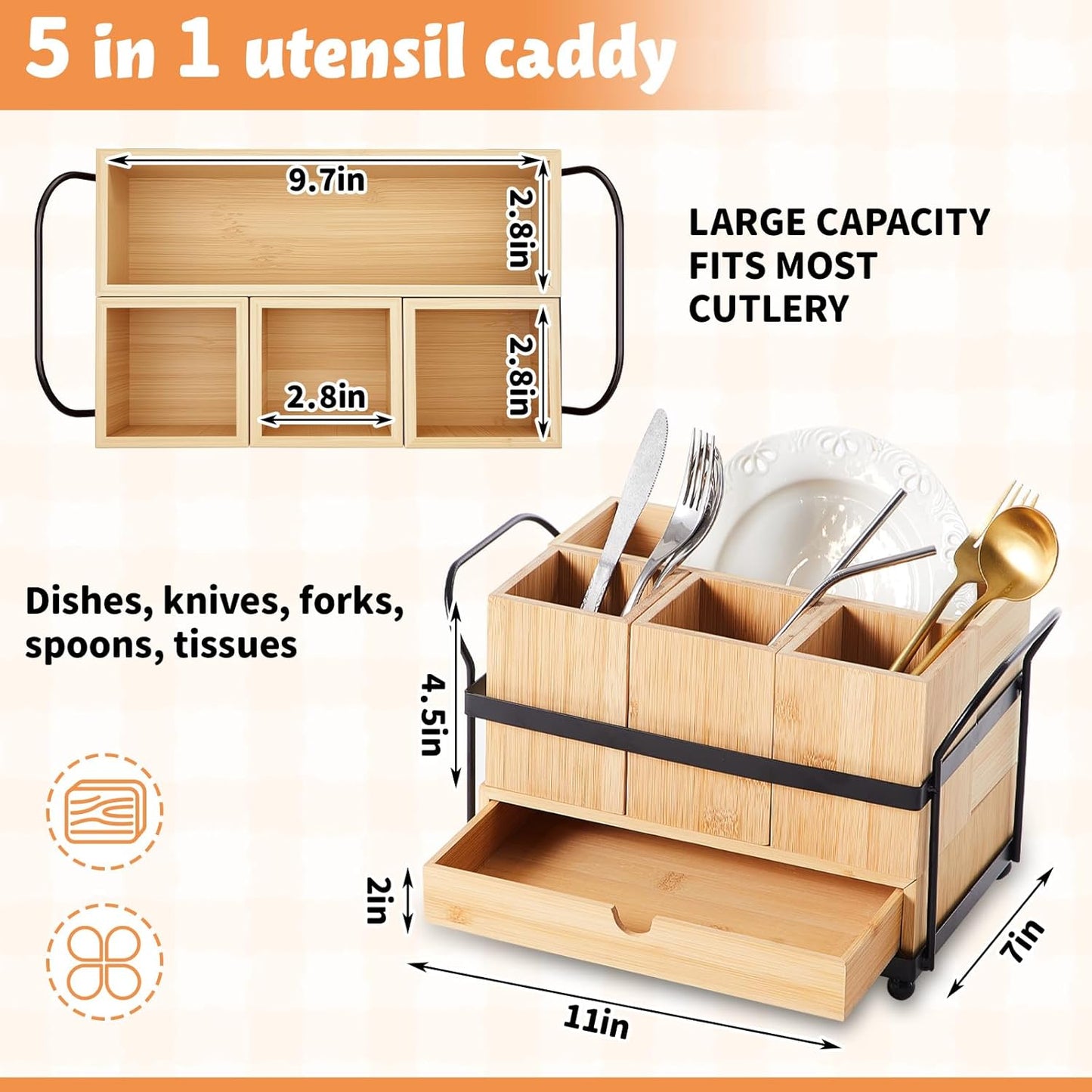 Qunclay Wooden Silverware Caddy with Drawer, Paper Plate Organizer Holder Dispenser for Party, Utensil Cutlery and Flatware Holder with 4 Compartments for Forks, Spoons, Napkins, Kitchen Countertop