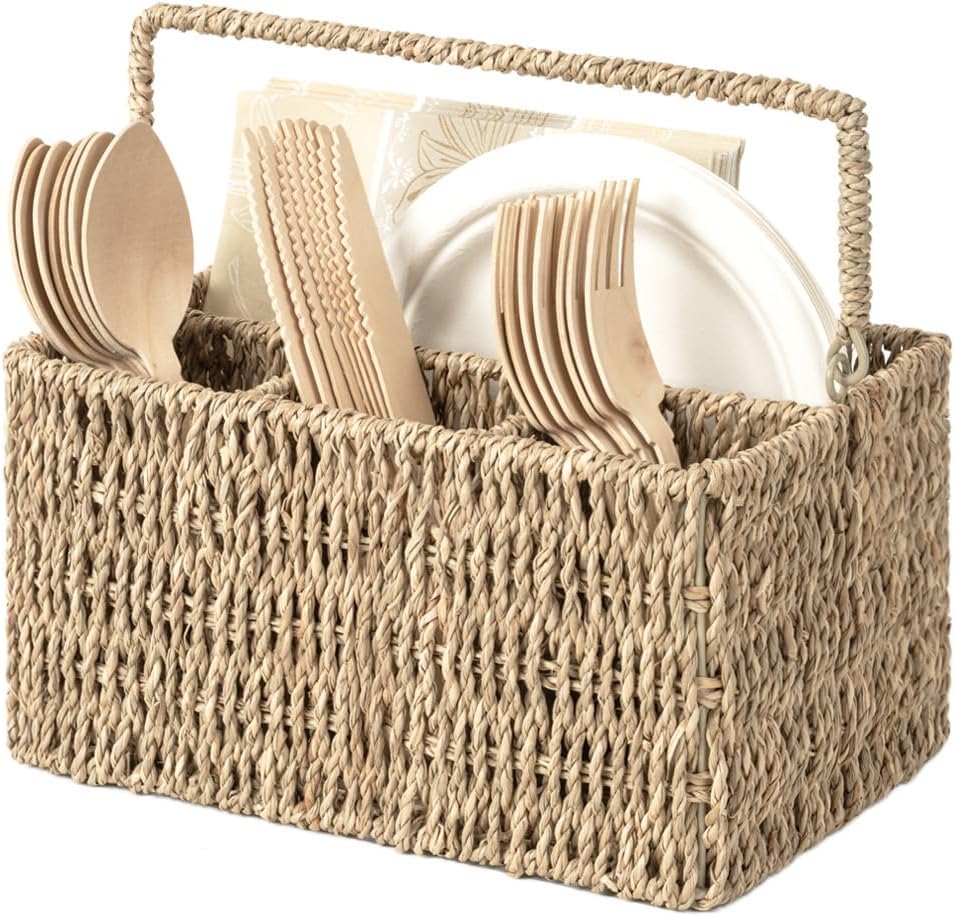 StorageWorks Wicker Silverware Organizer with Handle, Seagrass Kitchen Utensil Holder, Large Utensil Holder for Kitchen Counter, Spoon Forks Knife Cutlery Caddy, Paper Plate Dispenser for Countertop