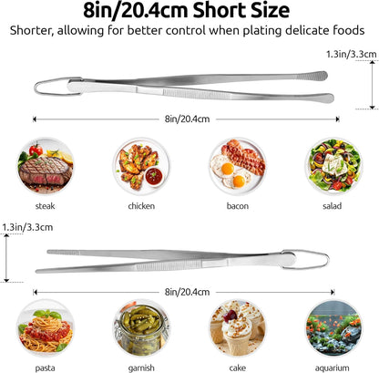 U-Taste 8"+10"+12" Kitchen Cooking Tweezer: 18/8 Stainless Steel Food-Grade Metal Food Tong, Flexible Pinching, Seamless-Welding and Sturdy for Serving Grilling Frying, Plating, Feeding (Pointed Tip)