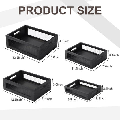 FillTouch 4 Pcs Wooden Nesting Countertop Baskets 4 Size Wooden Storage Box with Handle and Metal Wire Multipurpose Wood Organizer Crate for Fruit Vegetable Kitchen Cabinet Bathroom(Dark Brown,Small)