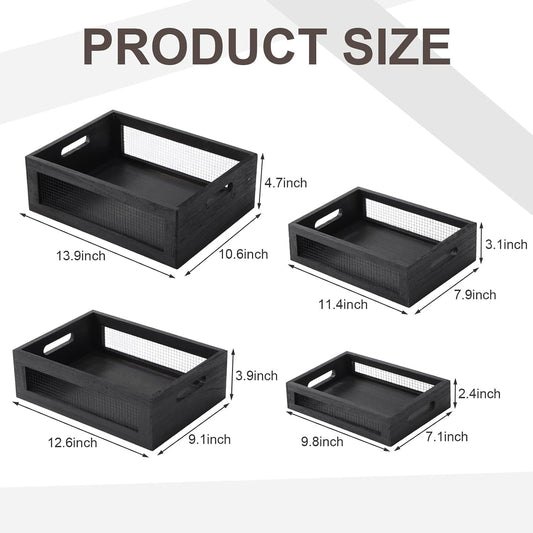 FillTouch 4 Pcs Wooden Nesting Countertop Baskets 4 Size Wooden Storage Box with Handle and Metal Wire Multipurpose Wood Organizer Crate for Fruit Vegetable Kitchen Cabinet Bathroom(Dark Brown,Small)