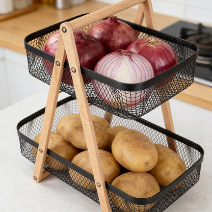 2 Tier Onion and Potato Storage Basket for Pantry, Wire Produce Organizer with Wooden Handle, Kitchen Counter Vegetable Bin for Garlic, Fruit, Bread and Snacks, Black