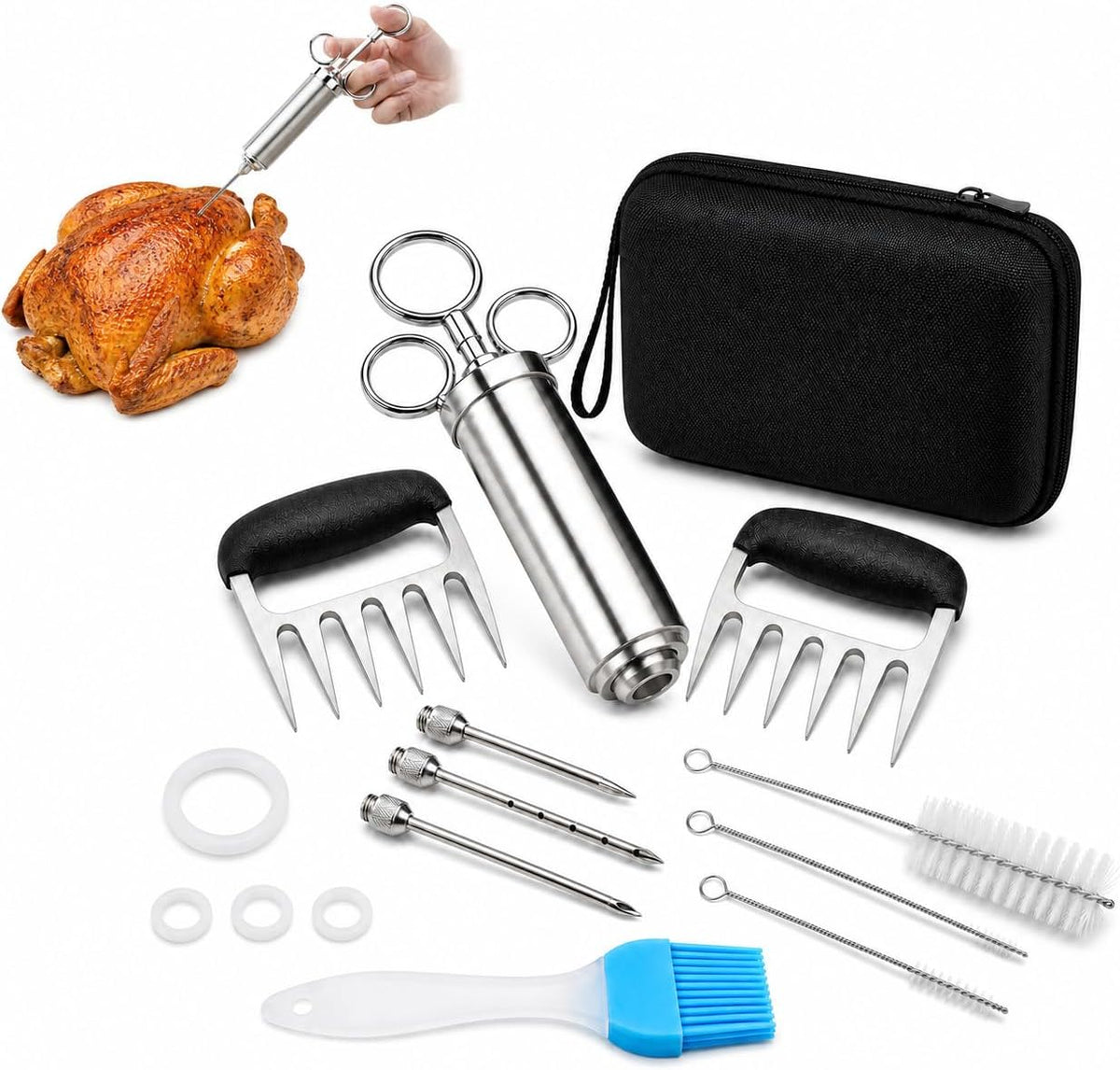Turkey Injector Kit with 2 oz 304 Stainless Steel Meat Injector Syringe, 15-Piece Set, 3 Needles, Meat Claws, Basting Brush, Cleaning Brushes, Spare Seals and Case for BBQ, Brisket and Poultry (015)