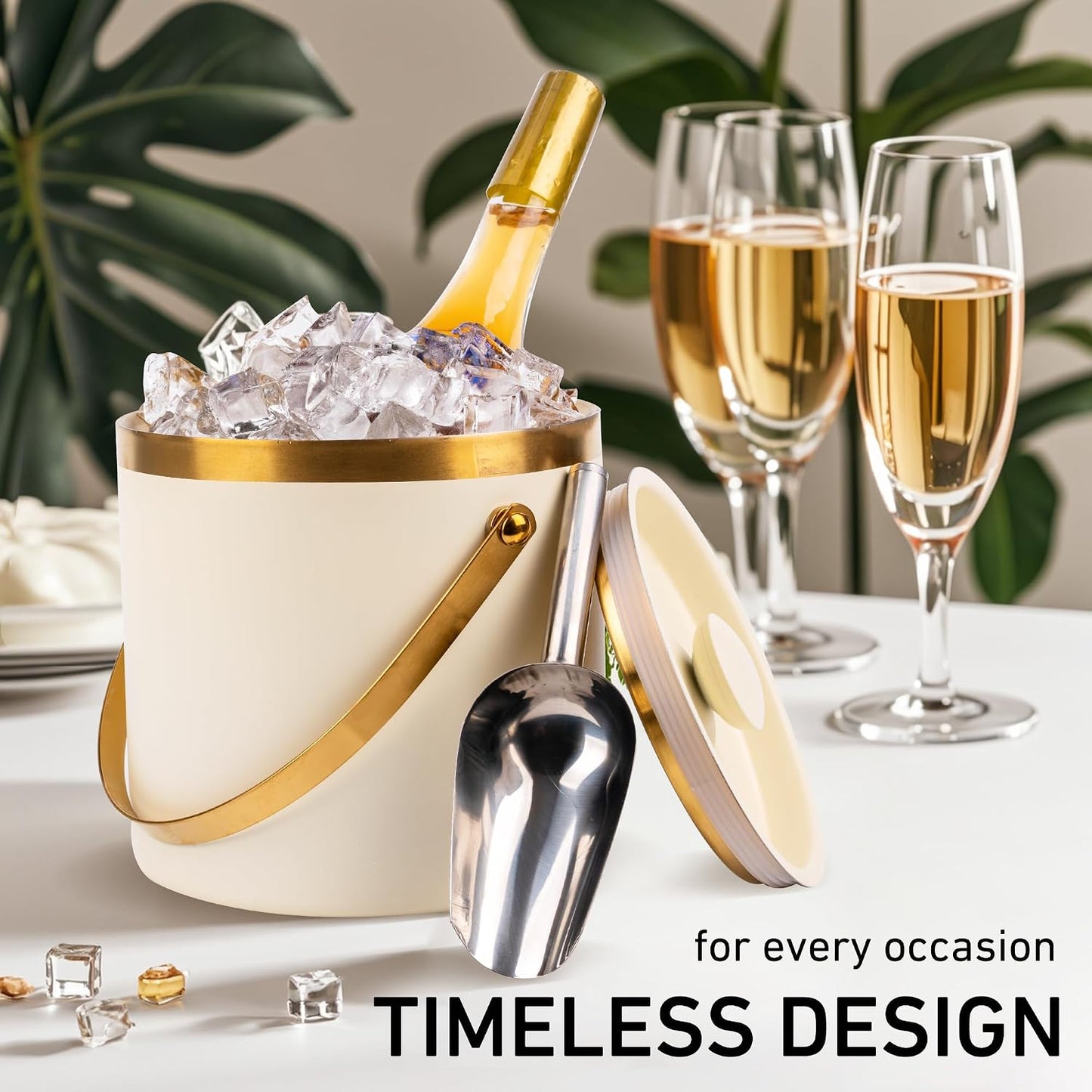 3L beige white Double Wall Insulated Stainless Steel Ice Bucket with scoop for Cocktail Bar,Metal Ice Bucket for freezer with Lid for parties.ice Container to Keep Ice Colder,bar cart accessories