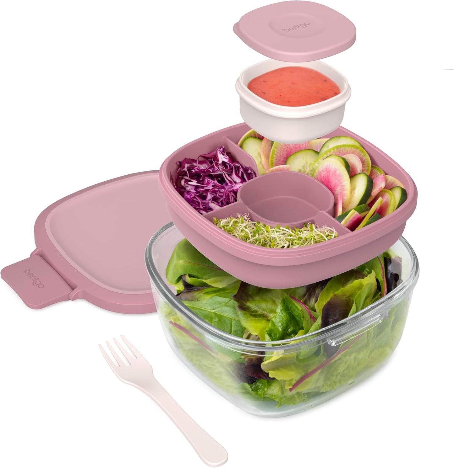 Bentgo Glass Salad Container - 7.6-Cup Salad Bowl with Airtight Lid, Leak-Proof Sauce Container, 4-Compartment Bento Tray & Reusable Fork - BPA-Free for Meal Prep, Office & More (Light Blue)