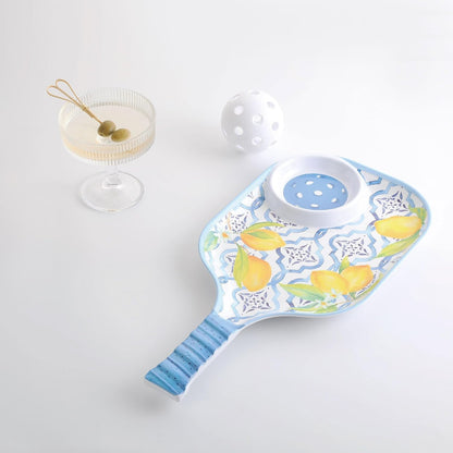 UPware Flamingo Melamine Chip and Dip Snack Tray, Tropical Floral Pickleball Paddle Shape Platter for Chips, Salsa, Fruits, and Appetizers, 15.75 x 8 Inch