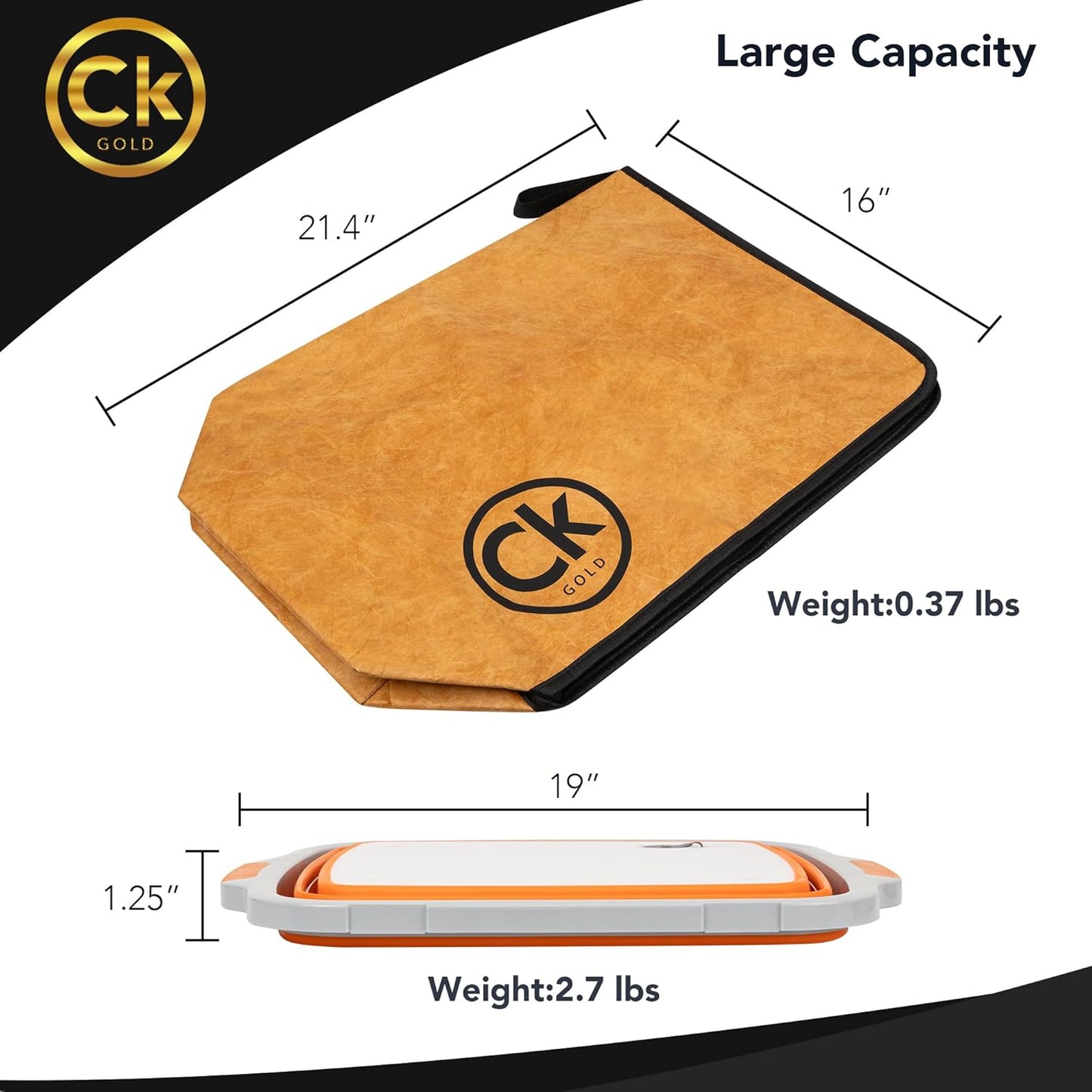 New Extra LARGE Collapsible BBQ Prep Tub with LOCKING LID & Meat Resting Bag - BPA Free Cutting Board with Lid, Leak Free, Strong Drain Hole for Meal Prep, Marinating, Grilling & Food Storage (Orange)