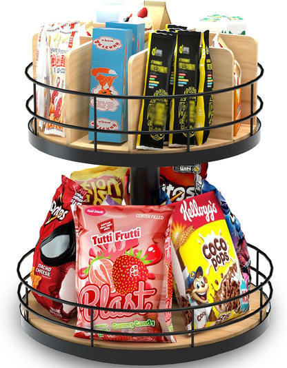 Snack Organizer - Versatile Snack Storage 2 Tier Lazy Susan with Convenient Grab-and-Go Design, Metal Snack Holder for Home, Office, Breakroom, 11.85" L x 11.85" W x 13.3" H (Matte Black)