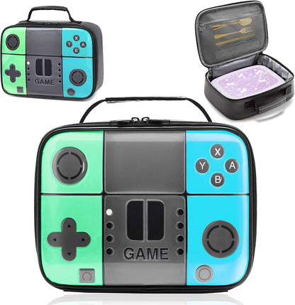 Kids Gamer Lunch Box for Boys, Game Console Insulated Lunch Bag, PU Leather Waterproof Lunchbox with Mesh Pocket, Durable Leakproof Lunch Tote Fits Bento Box for School