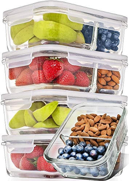 PrepNaturals 5 Pack 30 Oz Glass Meal Prep Containers - Dishwasher Microwave Freezer Oven Safe - Glass Storage Containers with Lids (Multi-Compartment)