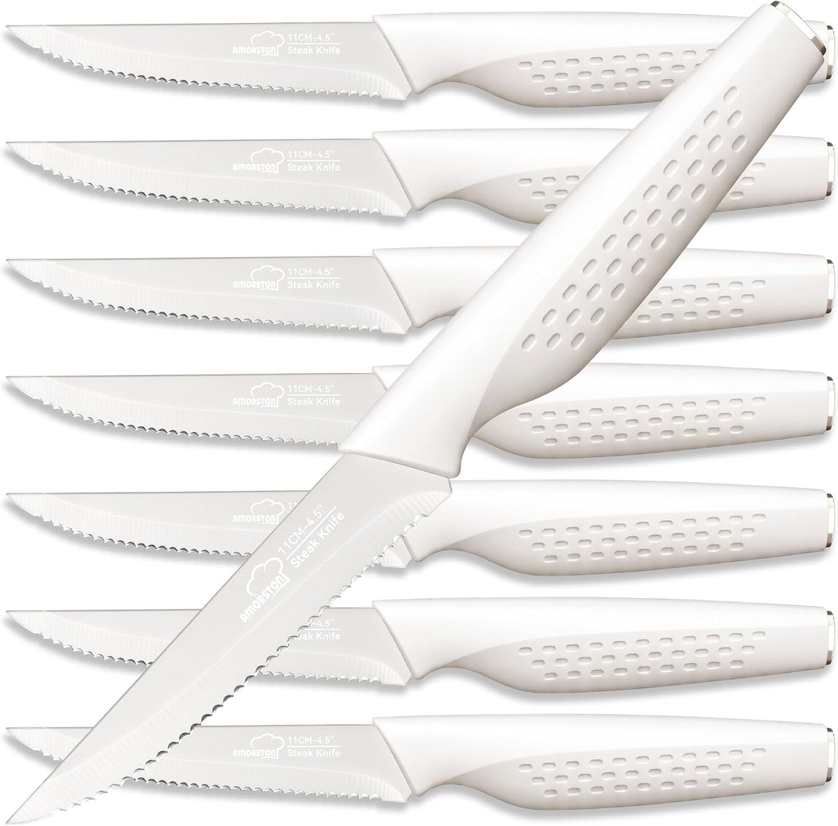 Amorston Steak Knives, Steak Knives Set of 8, Stainless Steel Steak Knife Set, Serrated Knives Dishwasher Safe, Elegant Black Mothers Day Gifts for Women