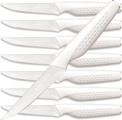 Amorston Steak Knives, Steak Knives Set of 8, Stainless Steel Steak Knife Set, Serrated Knives Dishwasher Safe, Elegant Black Mothers Day Gifts for Women