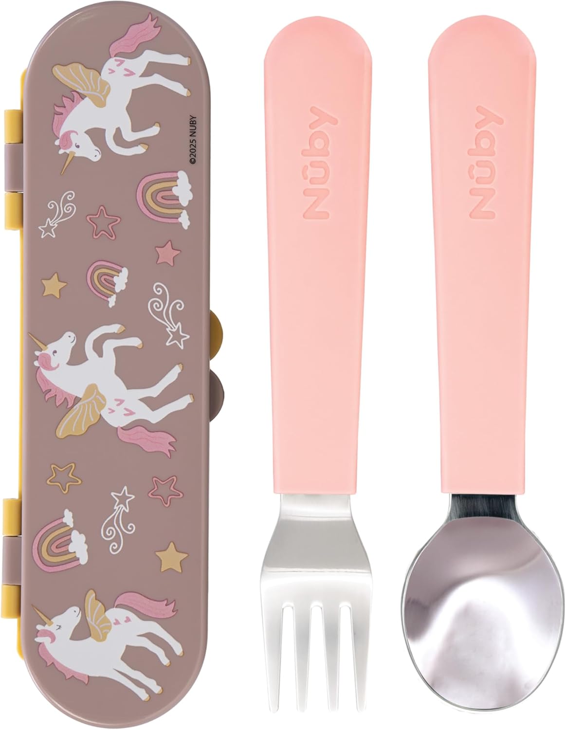 Nuby Stainless Steel Toddler Utensils with Travel Case - Self-Feeding Fork & Spoon Set for Kids - Easy-to-Hold Training Utensils - Rounded Safe Edges for Self-Feeding - Unicorns