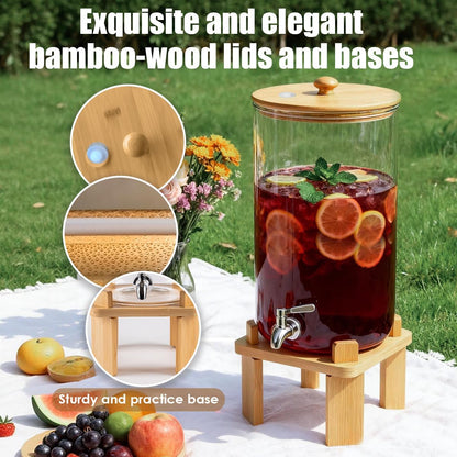 2.3 Gallon Large Glass Drink Dispenser for Parties, Glass Beverage Dispenser with Wood Stand, Juice & Lemonade Dispenser, Iced Beverage Dispenser with Spigot, Water Dispenser for Party with lid