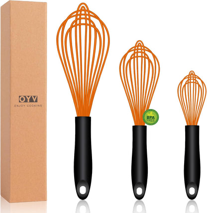 OYV Dishwasher Safe Silicone Whisk, Sealed Waterproof Design Set of 3, Professional Kitchen Whisks for Cooking Non-Scratch, Silicone & Stainless Steel Whisk, Heat Resistant Balloon Egg Beater, Black
