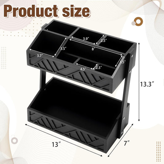 Geelin 2 Tier Paper Plate Dispenser Wood Rustic Paper Plate Holder for Countertop Silverware Utensil Caddy Cutlery Flatware Organizer Rack for Cups Spoons Forks Napkins, Kitchen Accessories, Black