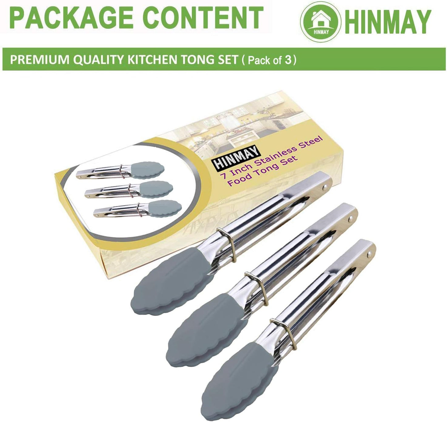 HINMAY Mini Stainless Steel Food Tongs with Silding Rings 7-Inch, Set of 6 | Small Clam Shell Service Tongs for Serving Appetizers, Desserts, Salads, Barbecue and Cooking (Silver)
