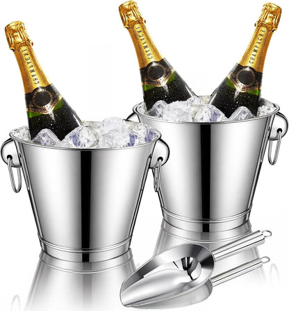 meekoo 4 Pcs 4 Quart Champagne Bucket Wine Bucket Metal Ice Container with 1 Pcs 6 oz Ice Scoop and Handles Stainless Steel Drink Cooler Cocktails Wine Chiller Beer Tub for Bar Party BBQ Banquet