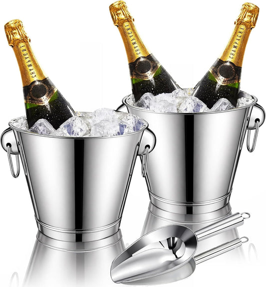 meekoo 4 Pcs 4 Quart Champagne Bucket Wine Bucket Metal Ice Container with 1 Pcs 6 oz Ice Scoop and Handles Stainless Steel Drink Cooler Cocktails Wine Chiller Beer Tub for Bar Party BBQ Banquet