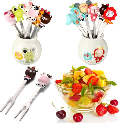 12 Pcs Food Picks for Kids with 2 Ceramic Jars Set of 2 Cute Cartoon Animal Fruit Forks Kids Toothpicks Stainless Steel Bento Picks for Kids with Silicone Handles Back to School Party Supplies